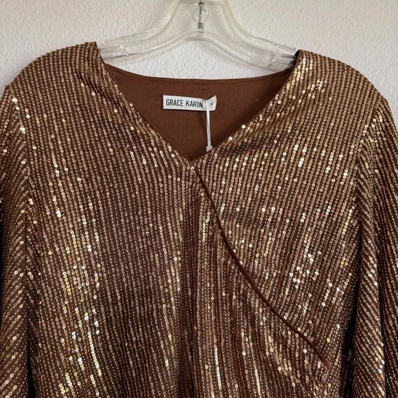 Grace Karin Sequin Top Women Medium Brown Glitter V-Neck 3/4 Sleeve Party Blouse - Picture 4 of 12
